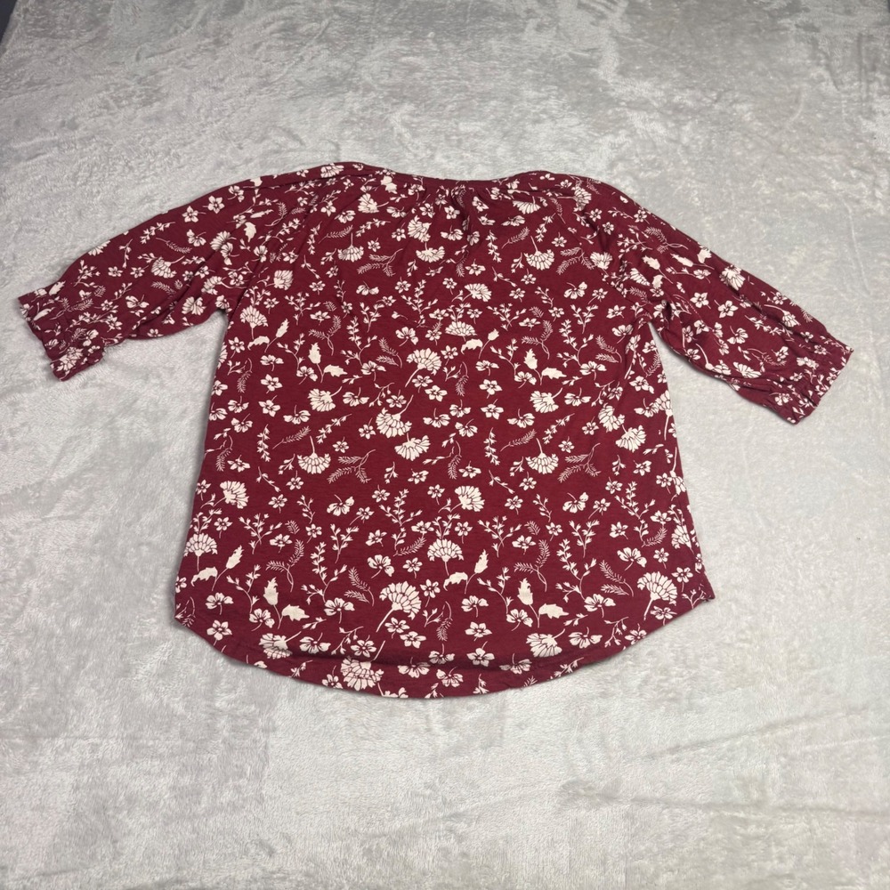 Lucky Brand Womens XS Floral Henley Top Burgundy Short‎ Puff Sleeve Cotton Modal - Picture 9 of 11